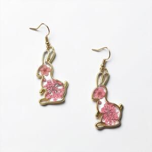 Clear Bunny Earrings with Pink Flower & Gold Detail